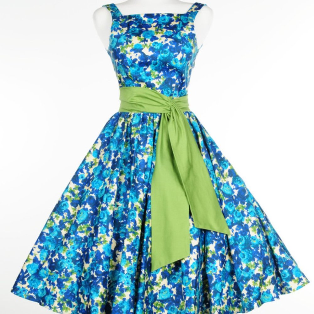 Pinup Girl Clothing Maria Dress - Floral Lined Dress with Sash and Full Skirt